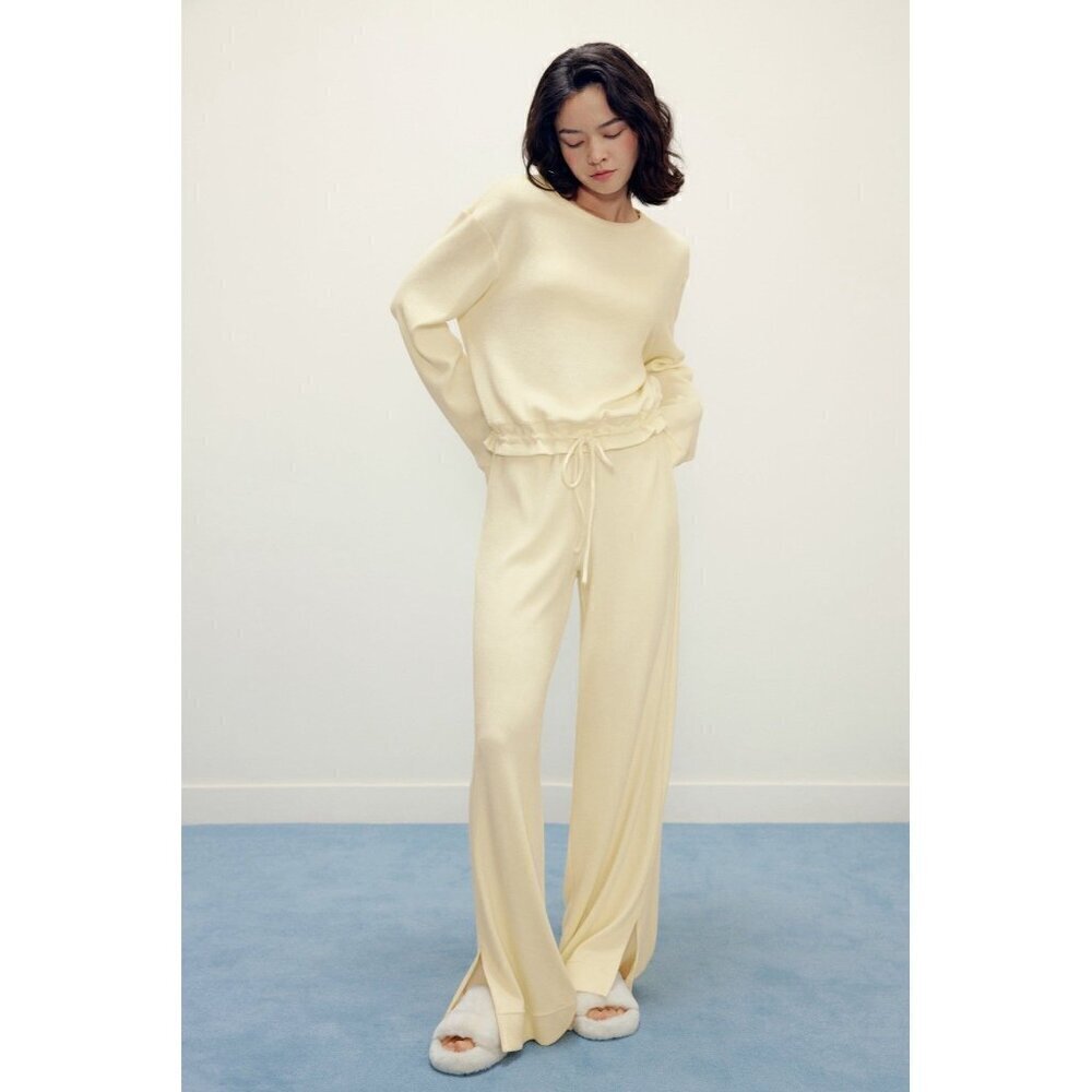 Neiwai Womens Ribbed Wide Leg Pant XL Beige High Rise Flare Pull On Minimalist - Picture 3 of 9
